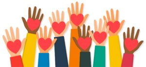 Charity, volunteering and donating concept. Raised up human hands with red hearts. Children's hands are holding heart symbols. Vector